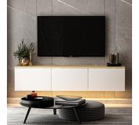 Meuble TV LED suspendu avec placards blanc et plateau bois 160cm LUMI Blanc