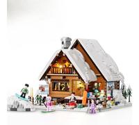 Lumibricks Cabane de ski avec éclairage LED, 2187 pièces, chalet d'hiver pour adultes, cabane de vacances nordique avec cheminée, feu de camp, scène de ski et 4 figurines