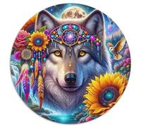 Lumière de Lune LoupPuzzles en Bois 1000 Pièce pour Adultes Et Enfants Rond Tribus primitivesJouet Puzzle À Défi Créatif1000pcs (67.5x67.5cm)