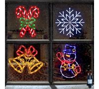 Lumiere Fenetre Noel - Lot de 4 décorations LED colorées 40 cm (Canne en Sucre, Flocon de Neige, Bonhomme de Neige, Cloche ) - Décoration d'intérieur/extérieur pour Murs, Portes et fenêtres