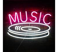 Lumière LED NEON, luminaire mural décoratif, MUSIC tourne-disque, rose blanc, env. 26 x 40 x 2 cm