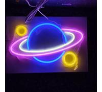 Lumière LED NEON, luminaire mural décoratif, planète bleue avec des lunes orange, env. 40 x 27,5 x 2 cm