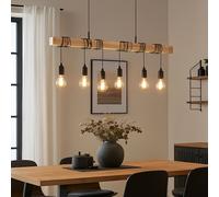 Suspension, lampe de salle à manger réglable en hauteur, suspension avec poutre en bois, corde de chanvre en métal noir, 6x douilles E27, LxlxH 90x5x150 cm