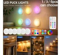 Lumière ronde LED avec télécommande, 13 modes de couleur sous le placard sans fil, lumière adhésive à piles à intensité variable pour placard/étagère/mur (1/3/6 packs) télécommande,Télécommande + 6 la