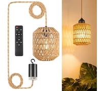 Lumière Suspendue en Rotin, Lampe sur Batterie avec Télécommande, Abat-Jour Boho Portable Lumière Pendentif, Lampe Suspendue Extérieur, Lumières Suspendue sur Batterie pour Terrasse, Bar, Jardin