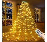 Lumières de cascade d'arbre de Noël avec anneau, LED Guirlande Lumineuse Sapin Noel, 2M 200LED Cascade Lumineuse, 8 Modes d'Éclairage Guirlande Lumineuse avec Télécommande pour Jardin Décor (Chaud)