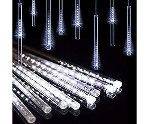 Lumières de Douche de Météore à LED, 30cm 10 Tubes 360LEDs Guirlandes Solaires Falling Rain Lights étanche avec 8 Modes pour le Jardin (Blanc)