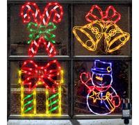 Lumières en pour Fenêtre de Noël-Lot de 4 décorations LED colorées 41cm (Boîte à Cadeaux & Schneemann & Zuckerstange & Glocke) -Décoration d'intérieur/extérieur pour Murs, Portes et fenêtres