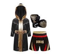 LumiJour Costume de boxe pour les jeunes - Robe satinée, shorts à fente latérale et gants pour l'halloween cosplay Rouge et or 13-14 ans