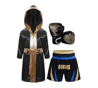 LumiJour Costume de boxe pour les jeunes - Robe satinée, shorts à fente latérale et gants pour l'halloween cosplay Bleu et or 15-16 ans