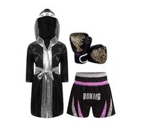 LumiJour Costume de boxe pour les jeunes - Robe satinée, shorts à fente latérale et gants pour l'halloween cosplay Rose et argent 7-8 ans
