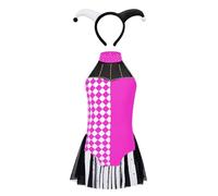 LumiJour Costume de Clown Enfant Fille Strass Brillants Combinaison + Chapeau Déguisement Cirque Robe Cosplay Carnaval Rose vif noir 13-14 ans
