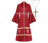 LumiJour Costume de Prêtre Enfant Unisexe 2 Pièces Robe à Manches Évasées + Collier Croix Robe de Chœur Halloween Cosplay Rouge 11-12 ans