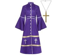 LumiJour Costume de Prêtre Enfant Unisexe 2 Pièces Robe à Manches Évasées + Collier Croix Robe de Chœur Halloween Cosplay Violet 9-10 ans