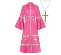 LumiJour Costume de Prêtre Enfant Unisexe 2 Pièces Robe à Manches Évasées + Collier Croix Robe de Chœur Halloween Cosplay Rose vif 13-14 ans