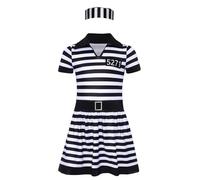 LumiJour Costume de Prisonnière Enfant Fille 2 Pièces Robe à Rayures Noir et Blanc avec Casquette de Bagnard Halloween Fête Noir blanc 9-10 ans