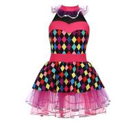 LumiJour Déguisement Cirque Clown Enfant Fille Cosplay Cirque Robe Licou sans Manches Jupe Tutu Déguisement Halloween Carnaval Rose vif fluorescent 5-6 ans