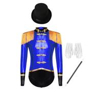 LumiJour Déguisement Cirque Ringmaster Enfant Fille Combinaison Pailletée à Franges + Chapeau + Gants + Baguette Magique Cosplay Halloween Bleu royal 11-12 ans