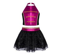 LumiJour Déguisement Cirque Ringmaster Fille Enfant Costume Monsieur Loyal Crop Top avec Jupe Tutu Halloween Carnaval Rose vif 13-14 ans