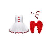 LumiJour Déguisement Cupidon Enfant Fille Costume Reine Cœur Robe Spaghetti Strap avec Ailes et Arc-Flèche Cosplay Carnaval Blanc Rouge B 11-12 ans