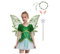LumiJour Déguisement de Fée Enfant Fille Robe de Fée Verte avec Couronne + Oreilles Elfe + Baguette Magique + Ailes Papillon Fête Carnaval Vert 13-14 ans