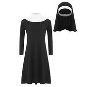 LumiJour Déguisement de Nonne Filles Costume de Sœur Catholique Robe de Religieuse avec Voile Déguisement Halloween Noël Fête Noir 5-6 ans