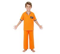 LumiJour Déguisement Prison Enfant Unisexe Ensemble Prisonnier Haut Court Manches et Pantalon Halloween Fête Déguisée Orange 9-10 ans