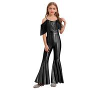 LumiJour Enant Fille Combinaison Disco 70s 80s Rétro Combinaison Hippie Danse Paillettes Franges Dancewear Noir 15-16 ans
