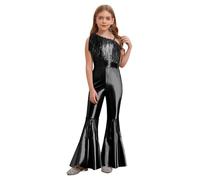 LumiJour Enant Fille Combinaison Disco 70s 80s Rétro Combinaison Hippie Danse Paillettes Franges Dancewear B Noir 7-8 ans