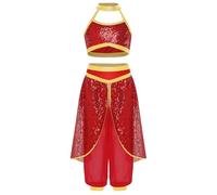 LumiJour Enfant Fille Costume Princesse de Contes de Fées Haut Court Pailleté et Pantalon Costume Princesse Arabe Cosplay Noël Rouge 11-12 ans