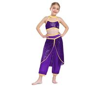 LumiJour Enfant Fille Costume Princesse de Contes de Fées Haut Court Pailleté et Pantalon Costume Princesse Arabe Cosplay Noël Violet 11-12 ans