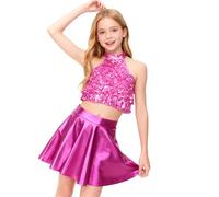 LumiJour Enfant Fille Ensemble Danse Moderne Jazz Crop Top Paillettes et Jupe Plissée Costume Performance Rose Vif 9-10 Ans