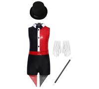 LumiJour Enfant Fille Magicien Cirque Combinaison Brillant Paillettes avec Chapeau Gants et Baguette Magique Costume Cosplay Cirque Halloween Rouge 13-14 ans