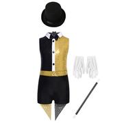 LumiJour Enfant Fille Magicien Cirque Combinaison Brillant Paillettes avec Chapeau Gants et Baguette Magique Costume Cosplay Cirque Halloween Or 11-12 ans