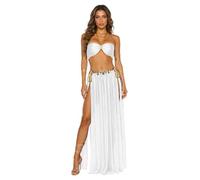 LumiJour Ensemble Danse Orientale Femme Crop Top Pailleté Jupe Résille à Franges Tenue Danse du Ventre Soirée Fête Blanc M