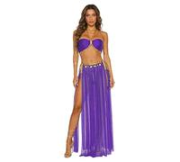 LumiJour Ensemble Danse Orientale Femme Crop Top Pailleté Jupe Résille à Franges Tenue Danse du Ventre Soirée Fête Violet 3XL