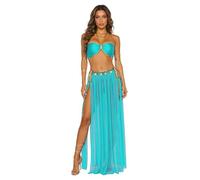 LumiJour Ensemble Danse Orientale Femme Crop Top Pailleté Jupe Résille à Franges Tenue Danse du Ventre Soirée Fête Bleu ciel XXL