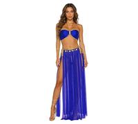 LumiJour Ensemble Danse Orientale Femme Crop Top Pailleté Jupe Résille à Franges Tenue Danse du Ventre Soirée Fête Bleu royal M