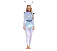 LumiJour Femme Costume Alien Espace Métallique Brillant Combinaison Astronaute Manches Longues Body Cosplay Carnaval B Argent brillant M