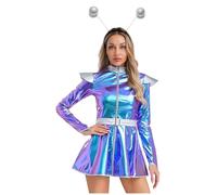 LumiJour Femme Costume Cosplay Extraterrestre Métallique Brillant Robe Déguisement Alien Espace Carnaval Halloween A Bleu M