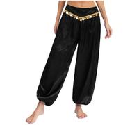 LumiJour Femme Pantalon Princesse Arabe Sarouel Pantalon Danse Orientale Paillettes Dorées Tenue Soirée Fête Halloween Noir L