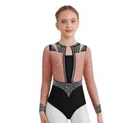 LumiJour Justaucorps Danse Moderne Fille Strass Body Gymnastique Manches Lonues Leotard Ballet Tenue Patinage Artistique BRose poussiéreux 13-14 ans