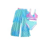 LumiJour Maillot de Bain Fille 3 Pièces Bikini Imprimé Écailles Poisson Soutien-Gorge Culotte Pantalon Volants Vert 7-8 Ans