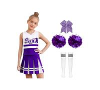 LumiJour Uniforme de Cheerleading Enfant Fille Déguisement Pom-Pom Girl avec Pompons Chaussettes Cheveux Cosplay Carnaval Halloween Violet Blanc 4-5 ans