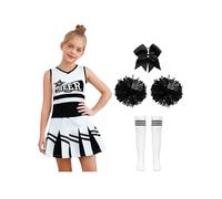 LumiJour Uniforme de Cheerleading Enfant Fille Déguisement Pom-Pom Girl avec Pompons Chaussettes Cheveux Cosplay Carnaval Halloween Noir blanc 4-5 ans