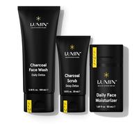 Lumin Le Coffret d'Entretien Classique - Soins de la peau pour homme - Kit 3 pièces pour nettoyer, hydrater et renouveler - Comprend un nettoyant au charbon, un gommage exfoliant, un baume hydratant