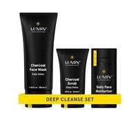Lumin Le Coffret d'Entretien Classique - Soins de la peau pour homme - Kit 3 pièces pour nettoyer, hydrater et renouveler - Comprend un nettoyant au charbon, un gommage exfoliant, un baume hydratant