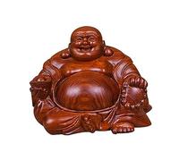 LuminaCreek Statue de Bouddha Rieur en Bois Hotei, Porte-Bonheur et Richesse, Feng Shui, Rouge Naturel, Tenant Un Lingot(12X7X10CM)