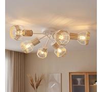 Luminaire de Salon Plafonnier Sportif E27 Bois Raphia Cage Blanc 6 à Flammes