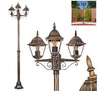 Luminaire d'extérieur Naofe, lampadaire en métal/verre en noir/or/marron/transparent, candélabre au look antique, hauteur max. 220 cm, éclairage de jardin IP44, 3 x E27, sans ampoule